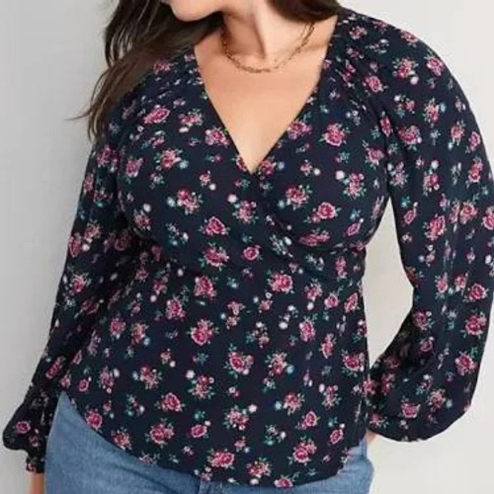 Old Navy Puff Sleeve Floral Smocked Wrap Blouse Top Women L Navy Long Sleeve